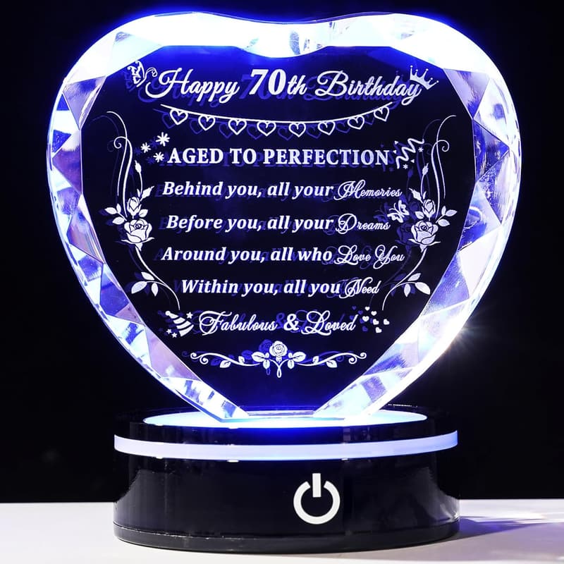 70th Birthday Crystal Heart Light Base Gift for Him & Her