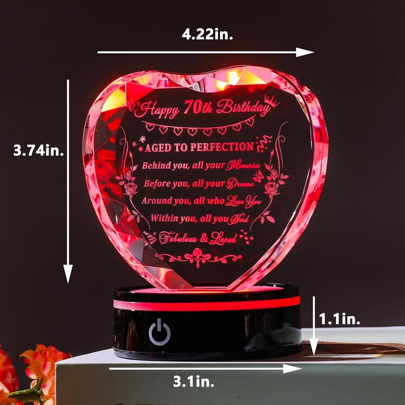 70th Birthday Crystal Heart Light Base Gift for Him & Her