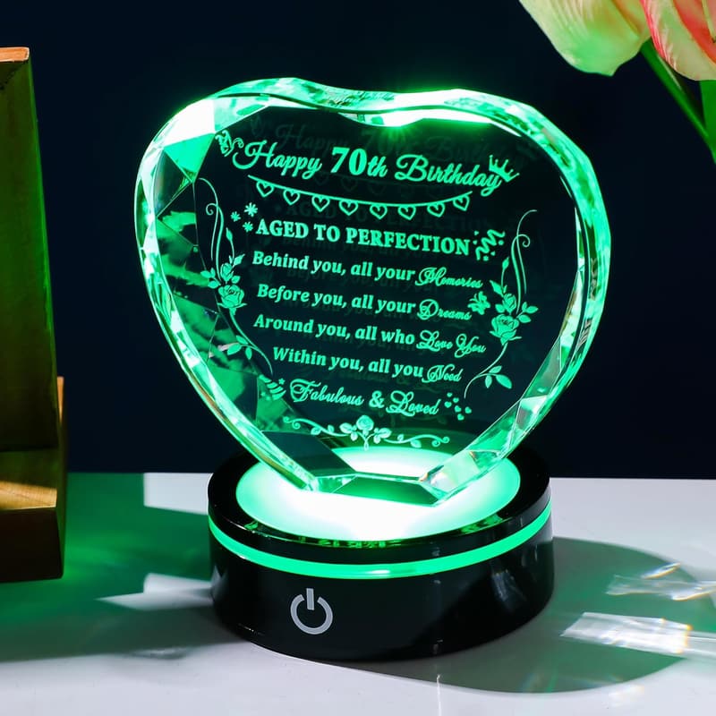 70th Birthday Crystal Heart Light Base Gift for Him & Her