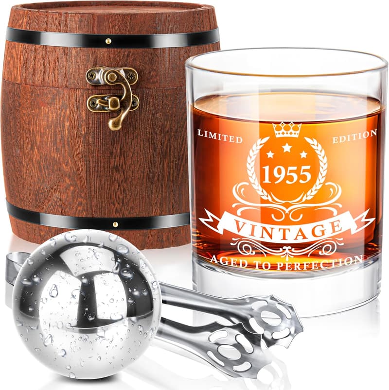 70th Birthday Whiskey Glass Set for Dad in Barrel Box
