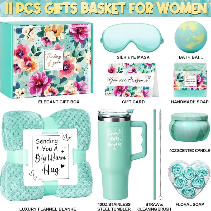 Ocean Spa Relaxation Gift Basket for Women with Blanket & Tumbler