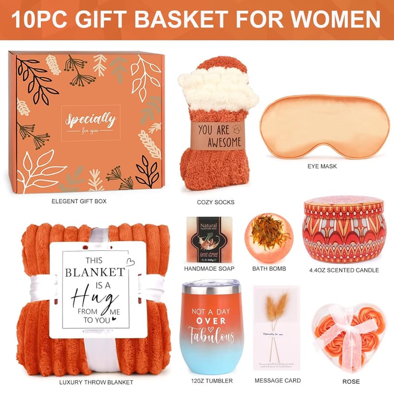 Birthday Gift Basket for Women with Spa Set & Cozy Blanket