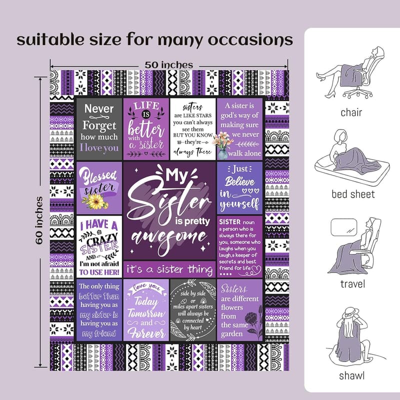 Birthday Gift Blanket for Sister - Soft Purple Throw 60