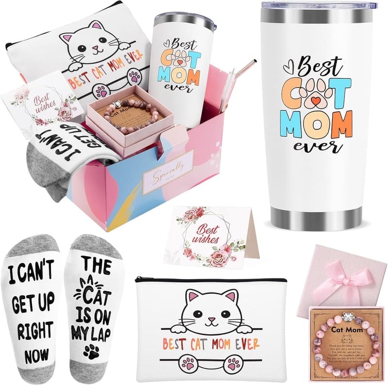 Cat Mom Gift Basket: Tumbler, Makeup Bag, Bracelets, Socks
