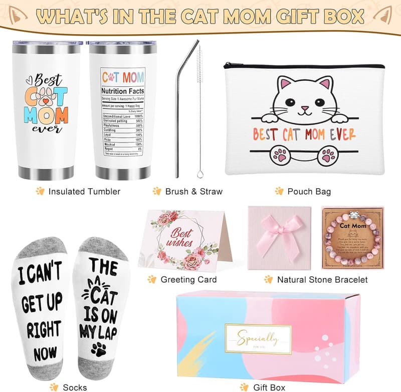 Cat Mom Gift Basket: Tumbler, Makeup Bag, Bracelets, Socks