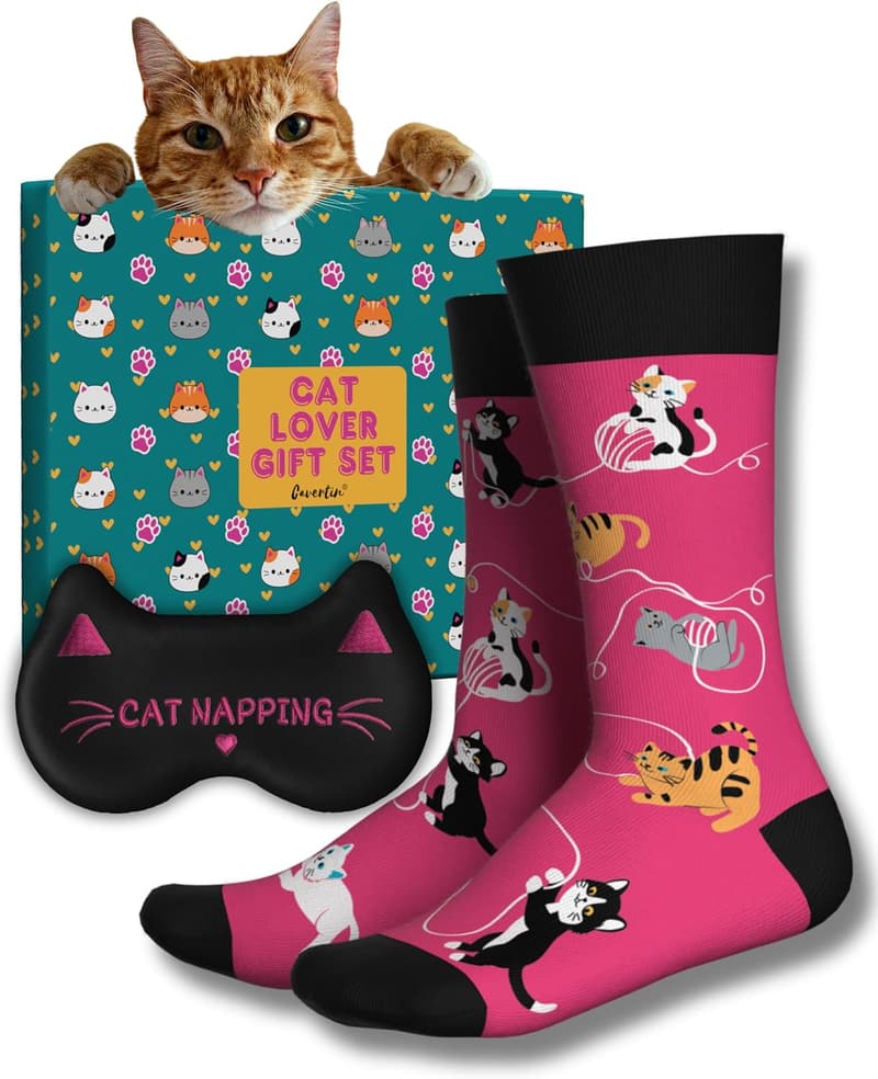 Cat Lover Gift Set: Cat Socks & Sleep Mask in Gift Box