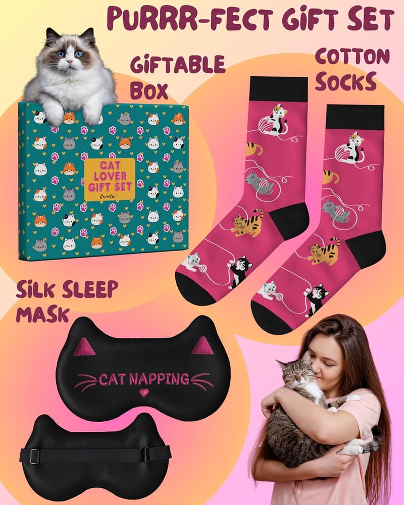 Cat Lover Gift Set: Cat Socks & Sleep Mask in Gift Box