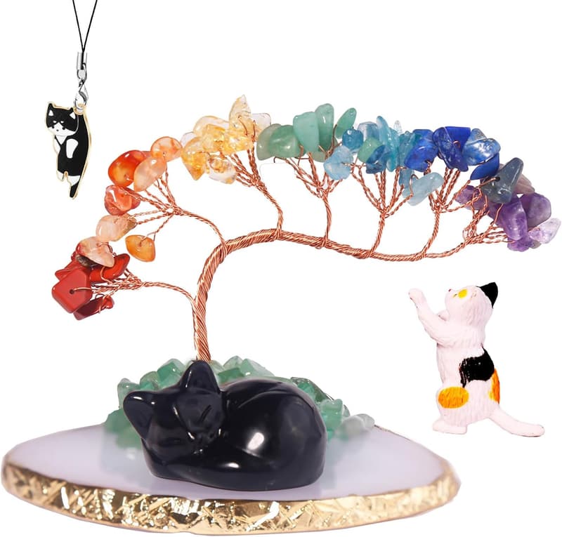 Black Obsidian Chakra Cat Statue - Healing Stones Decor for Cat Lovers