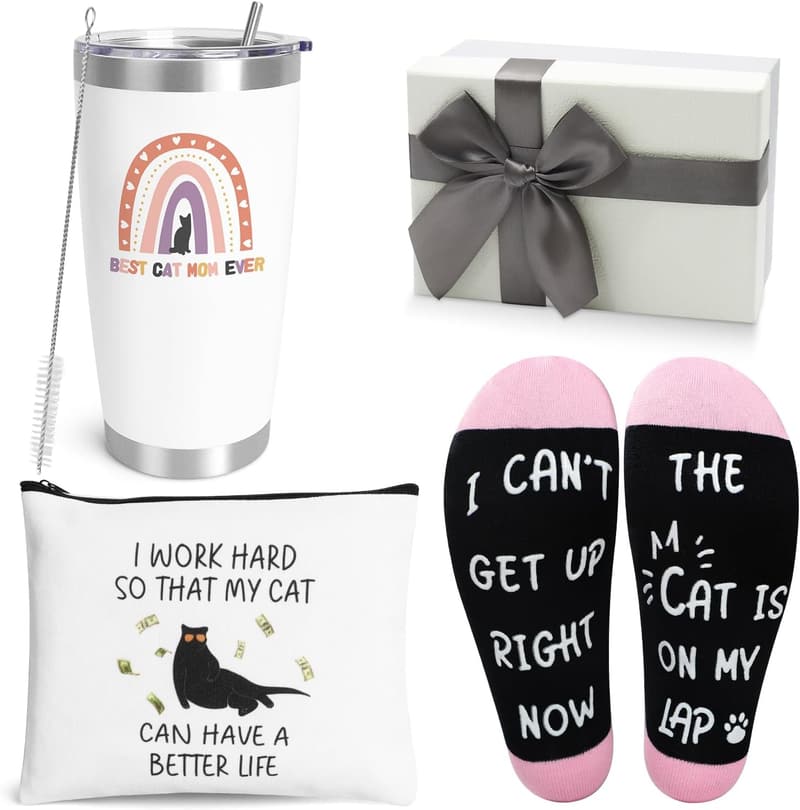 Funny Cat Mom Wine Tumbler Gift Set with Cosmetic Bag & Socks