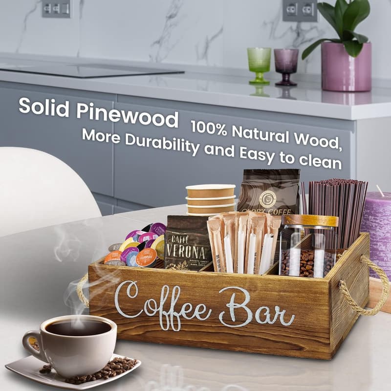 Wooden Coffee Station Organizer with Removable Dividers