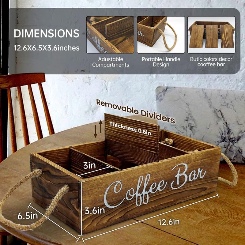 Wooden Coffee Station Organizer with Removable Dividers