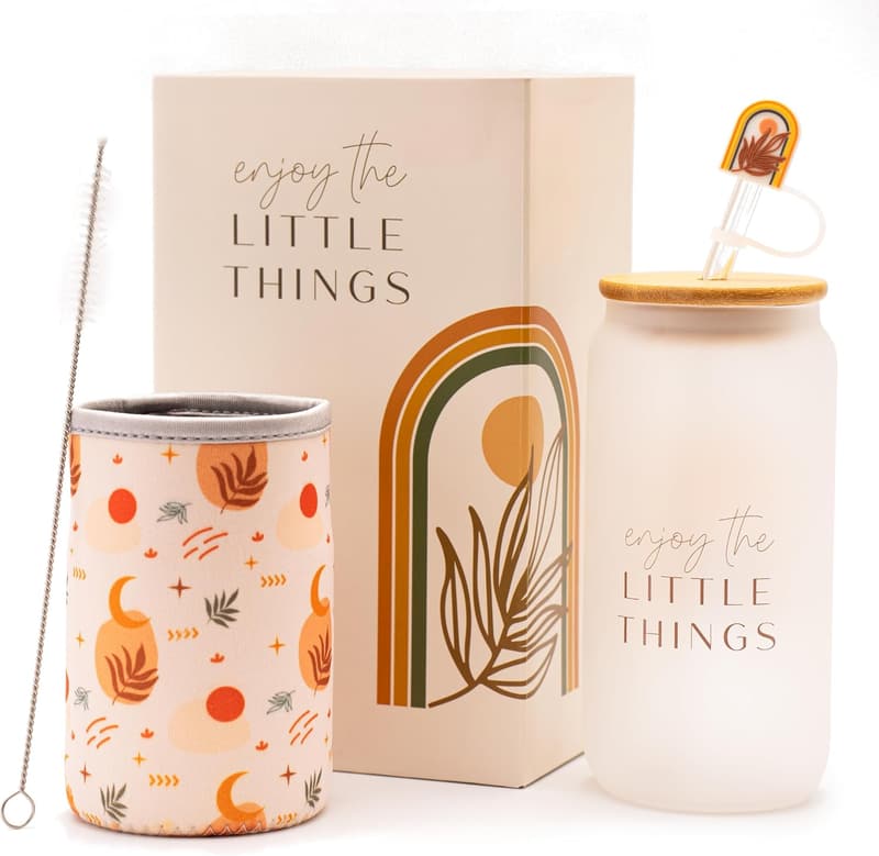 Customized Boho Glass Tumbler Cup with Lid & Straw