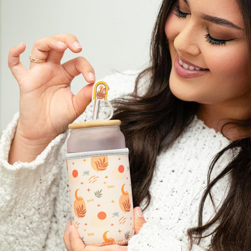 Customized Boho Glass Tumbler Cup with Lid & Straw