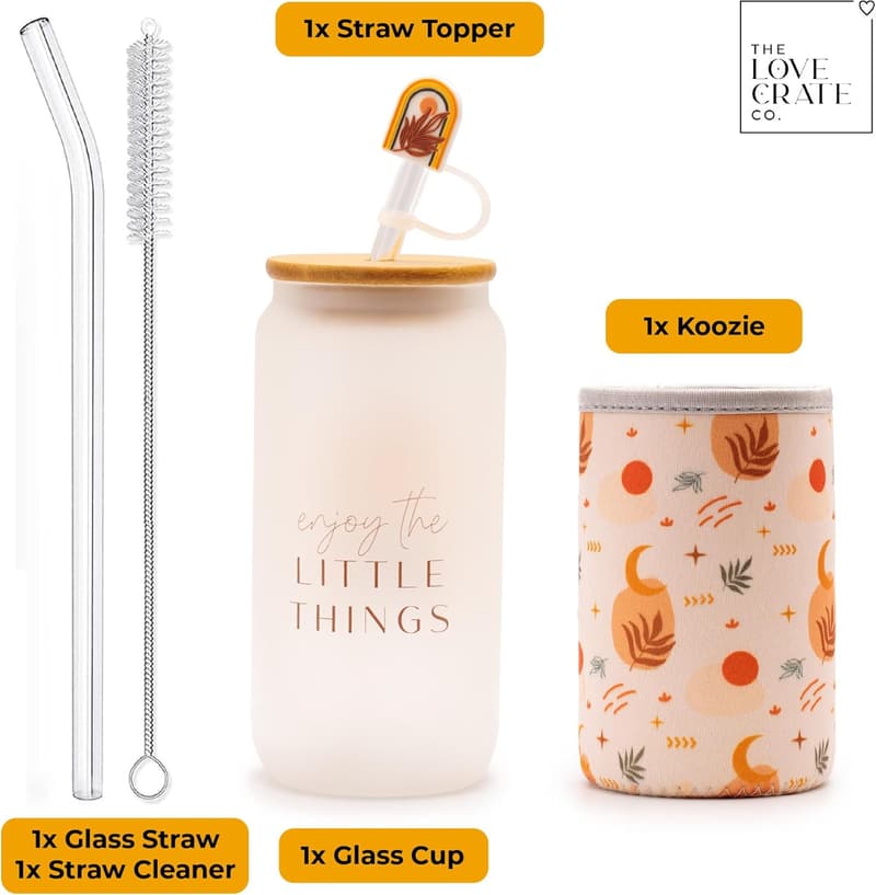Customized Boho Glass Tumbler Cup with Lid & Straw