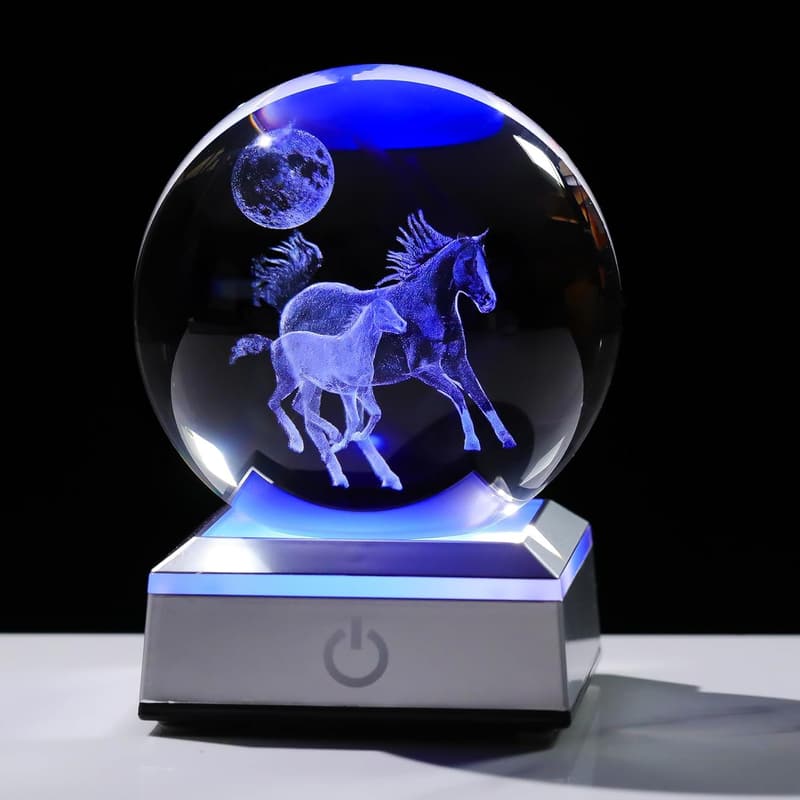 Engraved 3D Crystal Ball with LED Base - Perfect for Horse Lovers