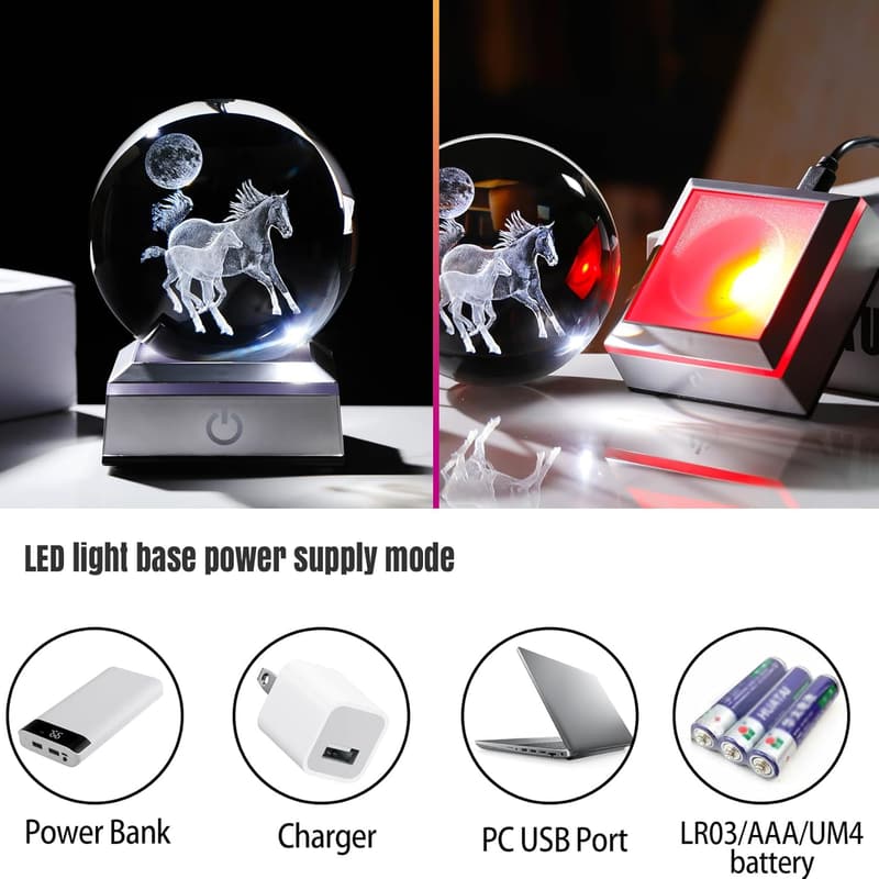 Engraved 3D Crystal Ball with LED Base - Perfect for Horse Lovers
