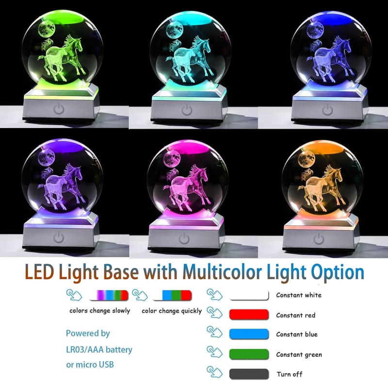 Engraved 3D Crystal Ball with LED Base - Perfect for Horse Lovers