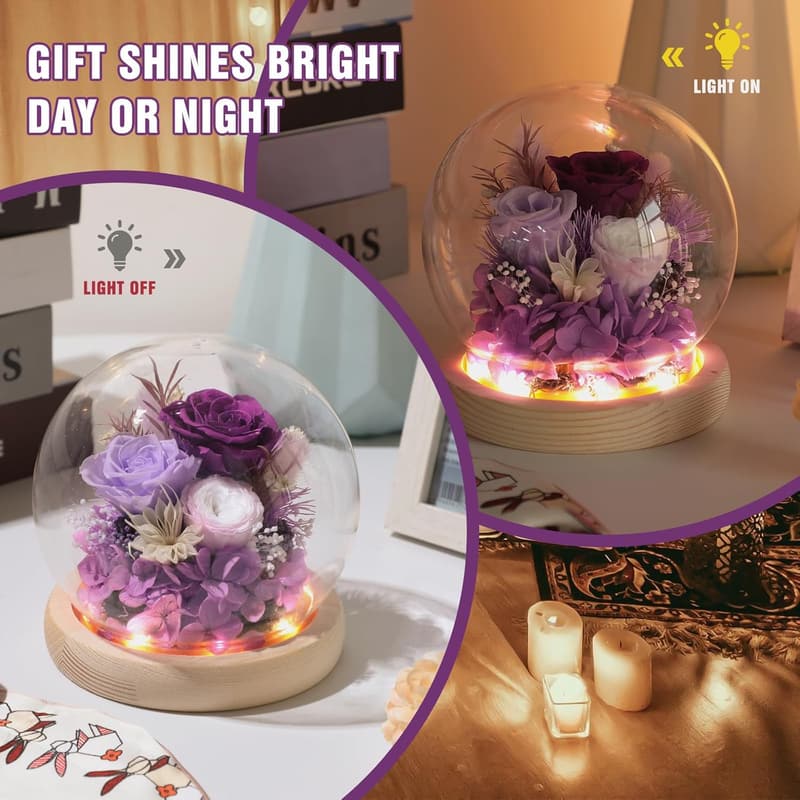 Glass Dome Rose with LED Light - Gifts for Mom & Women