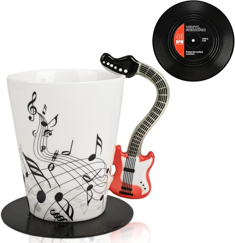 Guitar Mug with Vinyl Record Coaster - Music Lover Gift
