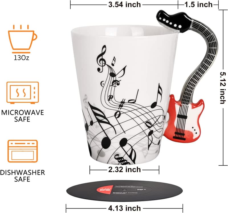 Guitar Mug with Vinyl Record Coaster - Music Lover Gift