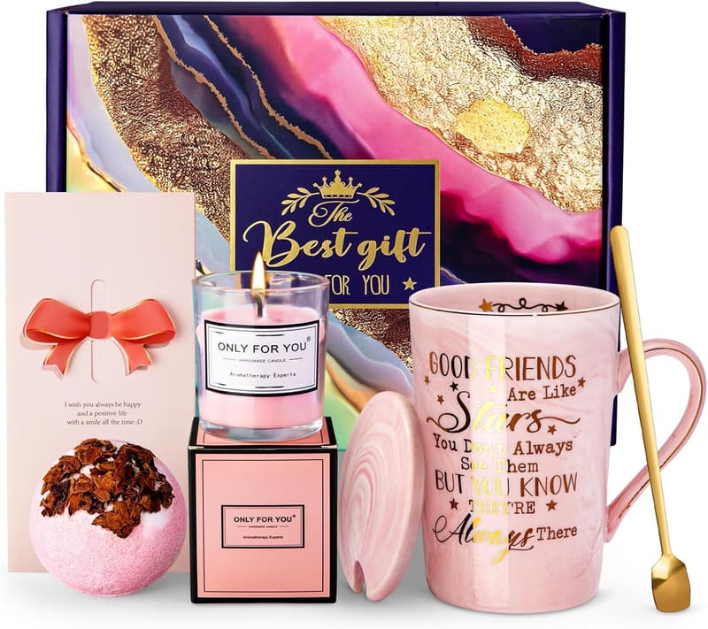 Birthday Gift Basket for Women - 14oz Pink Marble Coffee Cup Set