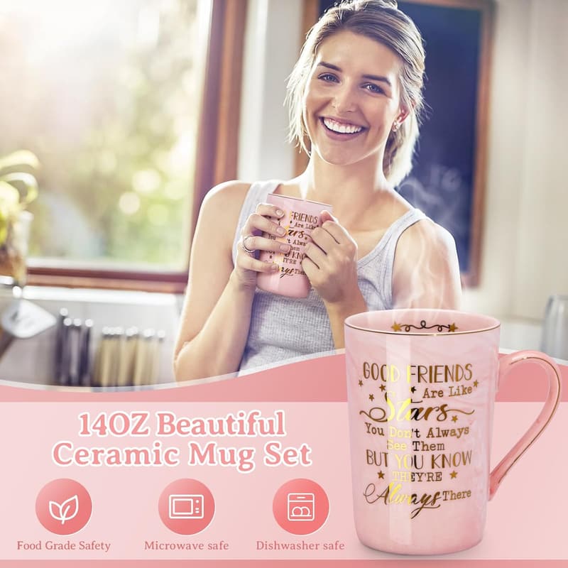Birthday Gift Basket for Women - 14oz Pink Marble Coffee Cup Set