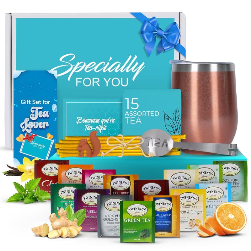 Gift Basket for Women – 15 Tea Blends with Tumbler & Honey Sticks