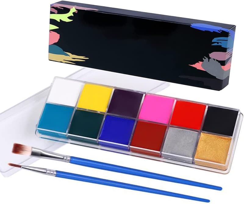 Halloween Face Paint Set - 12 Non-Toxic Colors with Brushes