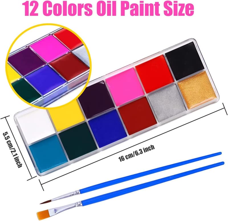 Halloween Face Paint Set - 12 Non-Toxic Colors with Brushes