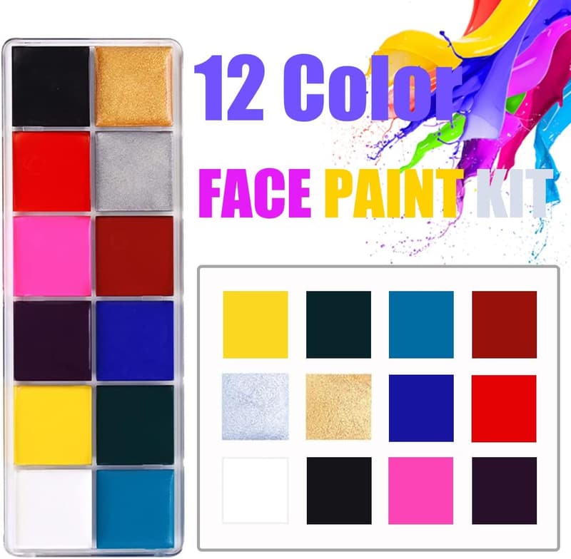 Halloween Face Paint Set - 12 Non-Toxic Colors with Brushes