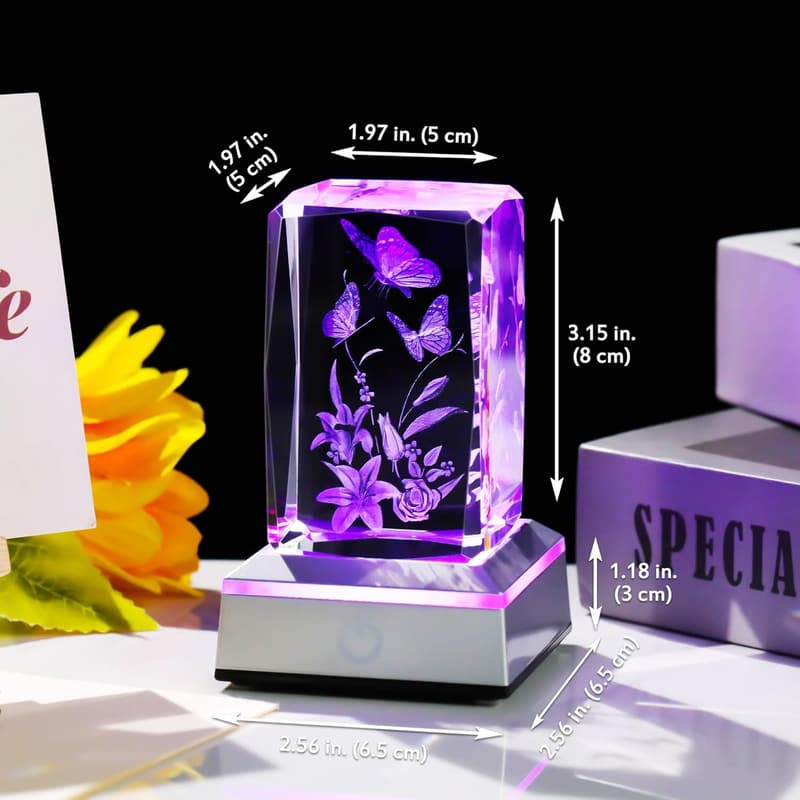 3D Crystal Butterfly Figurine with Light Base for Women