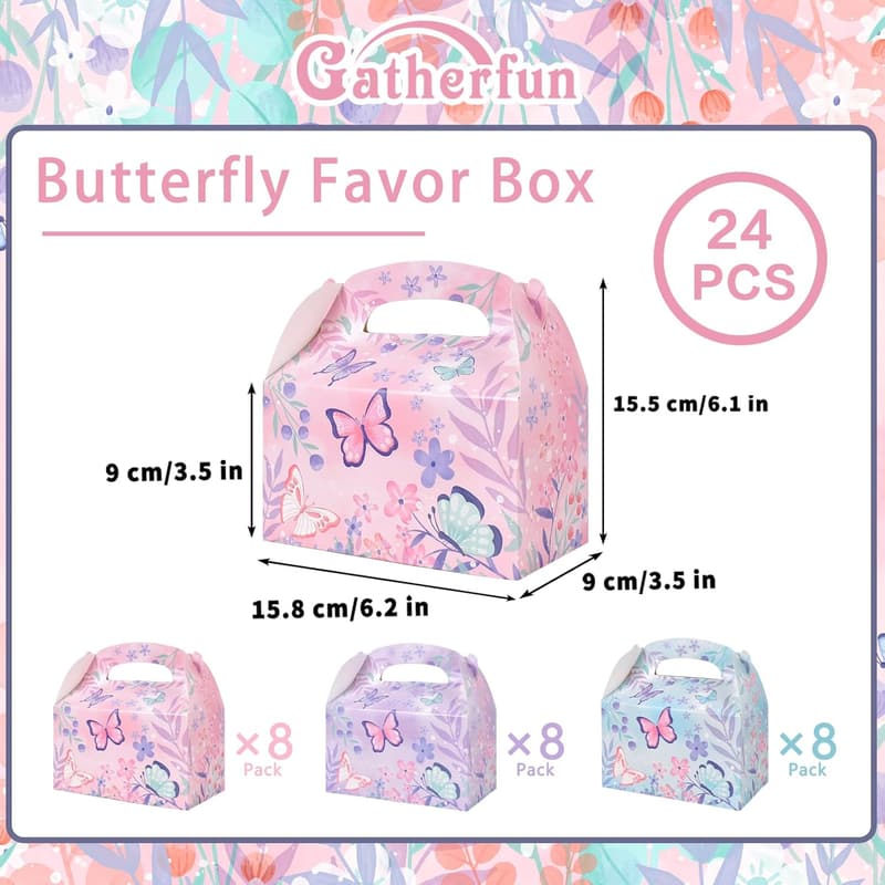 Butterfly Birthday Party Favor Boxes - 24 Pack, 3 Designs