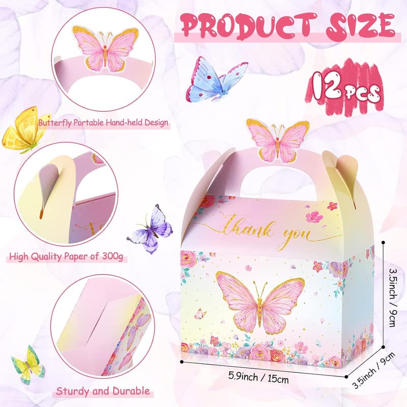 Pink and Purple Butterfly Treat Boxes - 12 Pcs for Parties