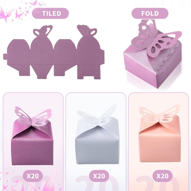 Butterfly Favor Boxes Set for Weddings and Parties (60 Pieces)