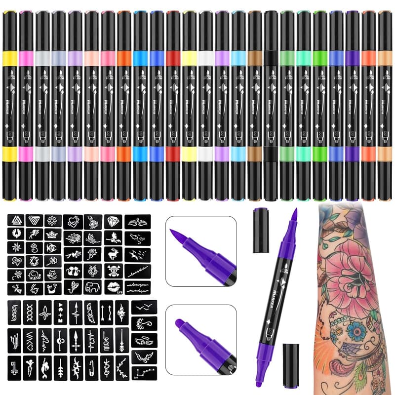 Temporary Tattoo Marker Set with 67 Stencils - Skin-Safe Face Paint