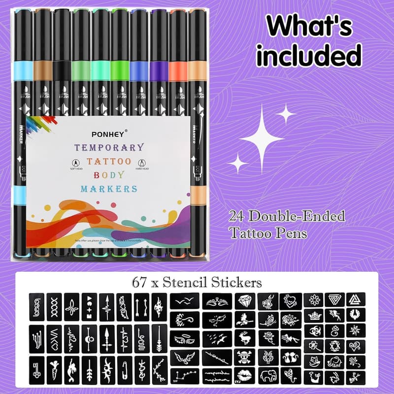 Temporary Tattoo Marker Set with 67 Stencils - Skin-Safe Face Paint