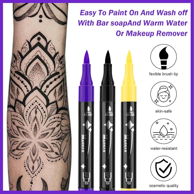 Temporary Tattoo Marker Set with 67 Stencils - Skin-Safe Face Paint