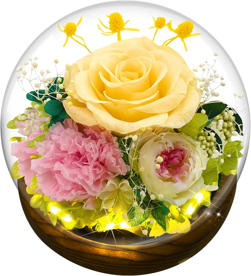 Yellow Rose Gift in Glass Dome with LED for Women