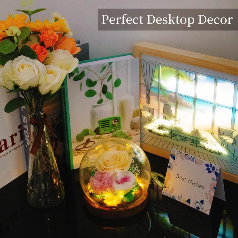 Yellow Rose Gift in Glass Dome with LED for Women