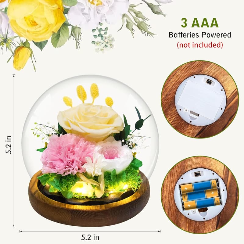 Yellow Rose Gift in Glass Dome with LED for Women