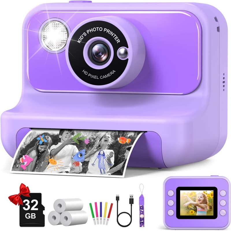 Kids Instant Print Camera - 1080P HD, Purple, for Ages 3-12