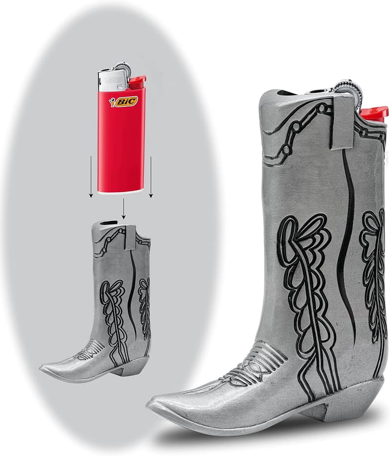 Cowboy Boot Lighter Case - Silver Metal Sleeve for Mini Bic J5