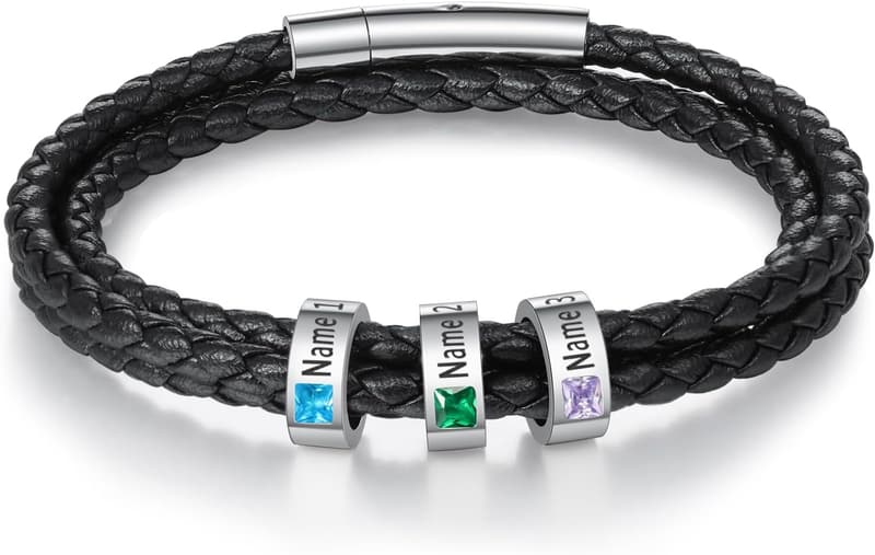 Personalized Black Leather Bracelet for Father's Day