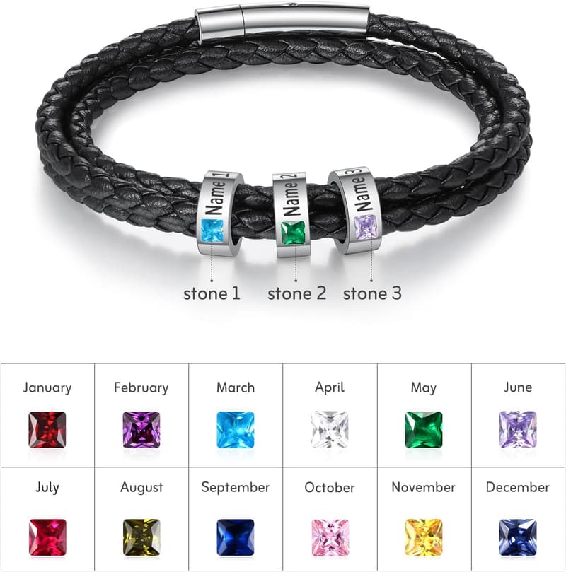 Personalized Black Leather Bracelet for Father's Day