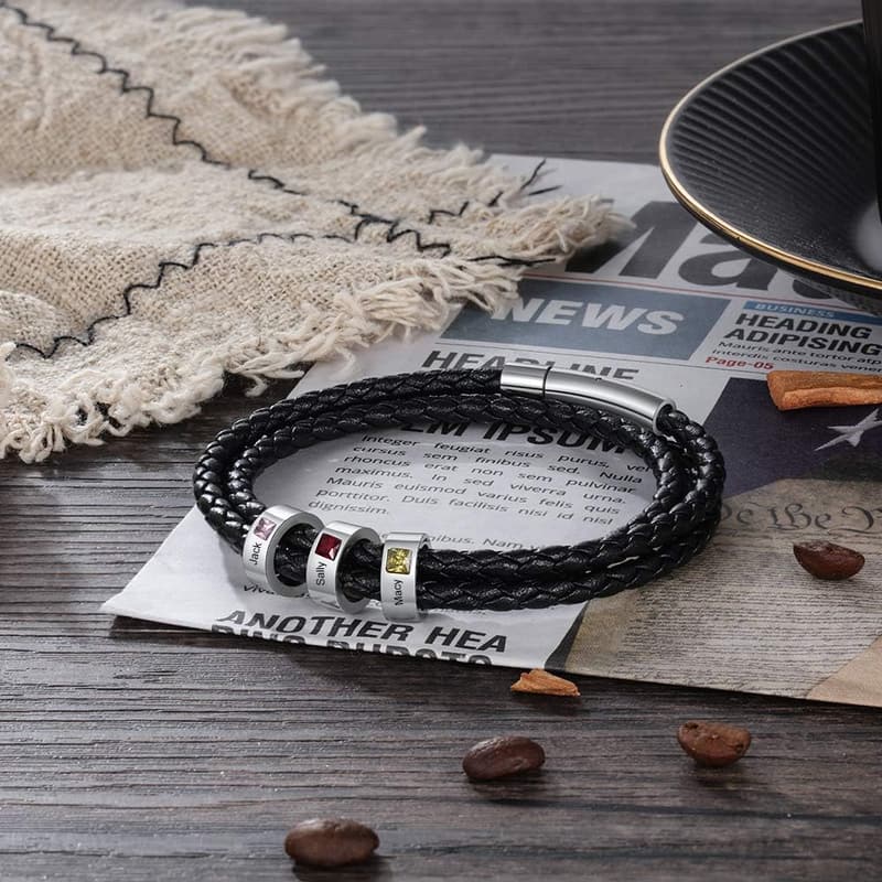 Personalized Black Leather Bracelet for Father's Day