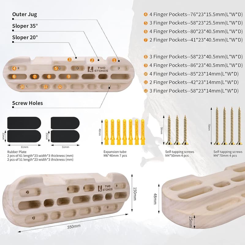 Hangboard Training Fingerboard with Jugs and Edges for Climbers