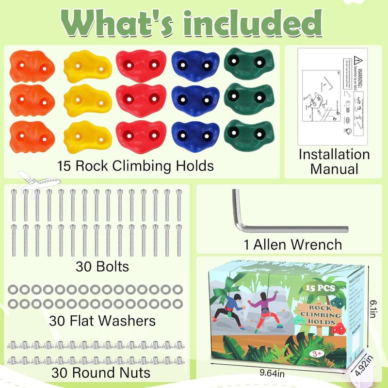Indoor/Outdoor Rock Wall Climbing Holds Set for Kids & Adults