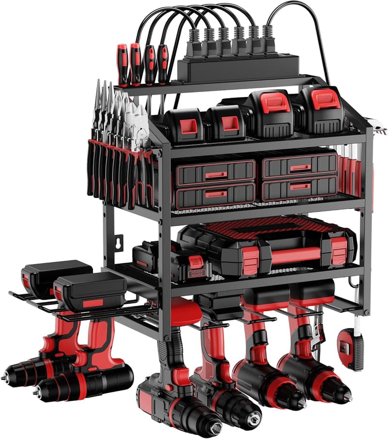 Garage Power Tool Organizer with Charging Station and Hooks