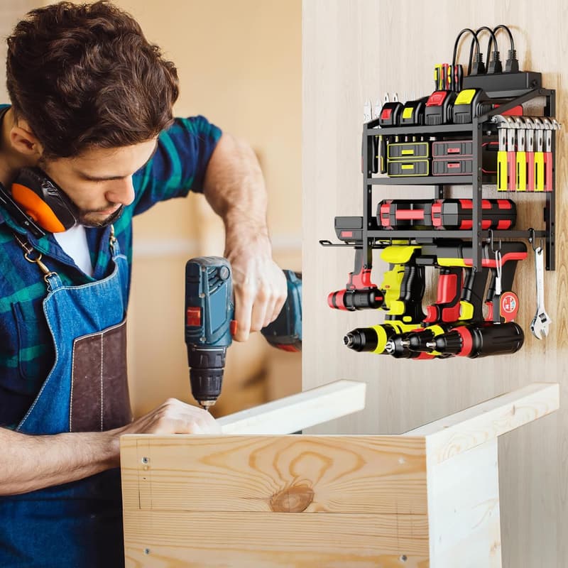 Garage Power Tool Organizer with Charging Station and Hooks