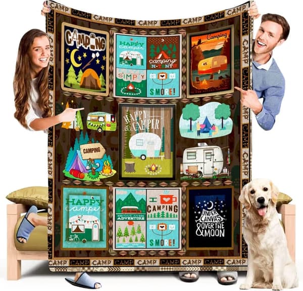 Happy Camper Retro Fleece Blanket - Lightweight & Warm